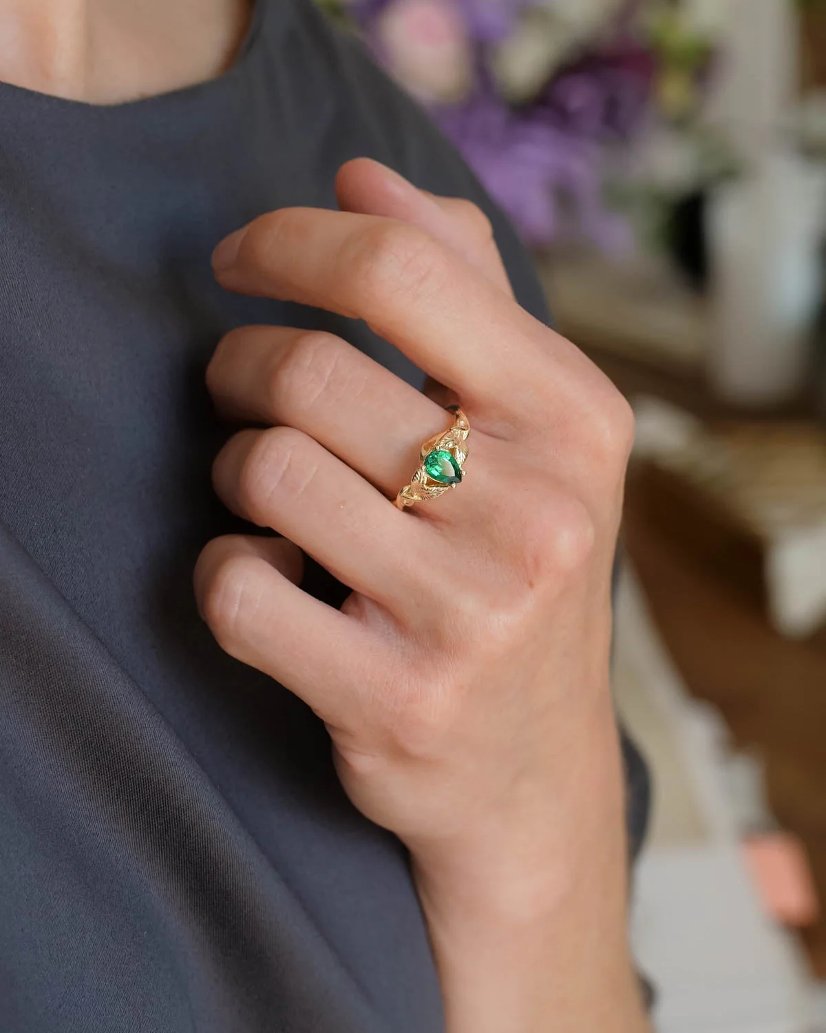 Teardrop emerald engagement ring, gold leaves ring / Azalea - Image 2
