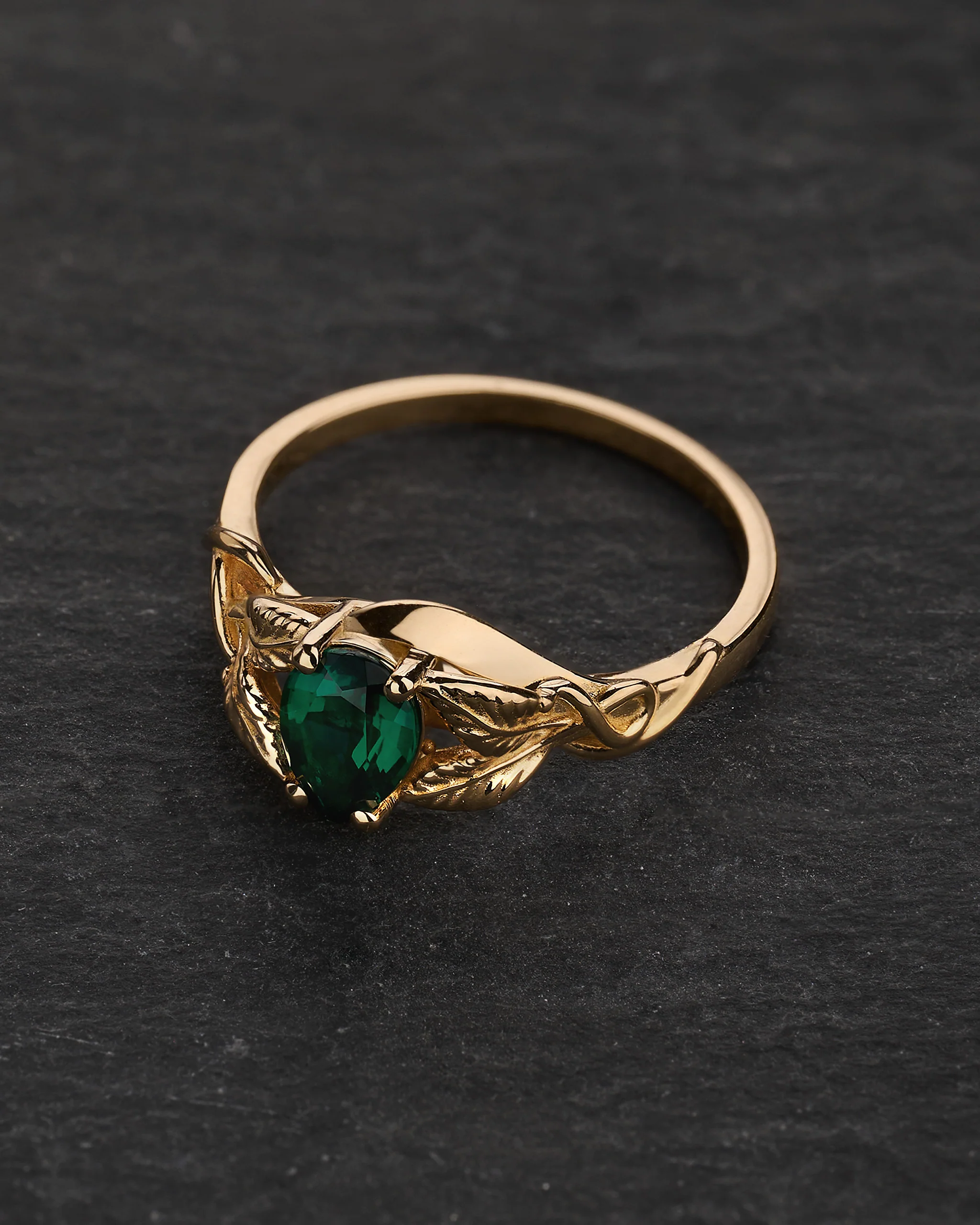 Teardrop emerald engagement ring, gold leaves ring / Azalea - Image 3