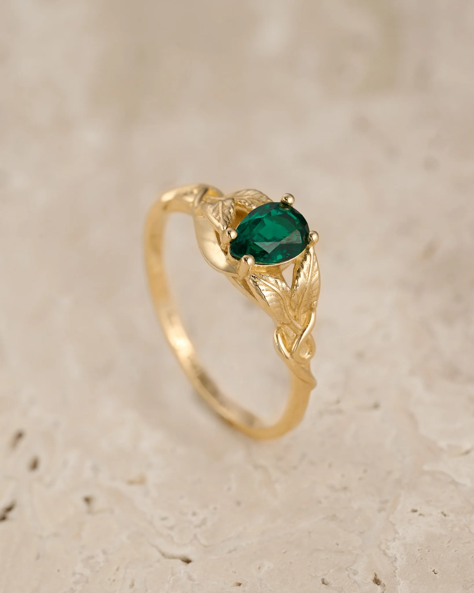 Teardrop emerald engagement ring, gold leaves ring / Azalea - Image 7