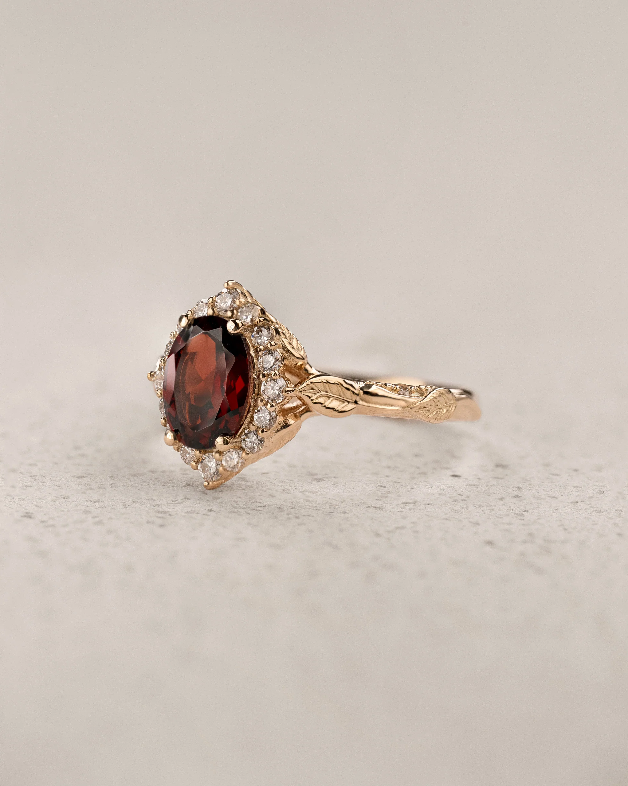 Timeless Engagement Ring with Oval Red Garnet and Diamond Halo / Florentina