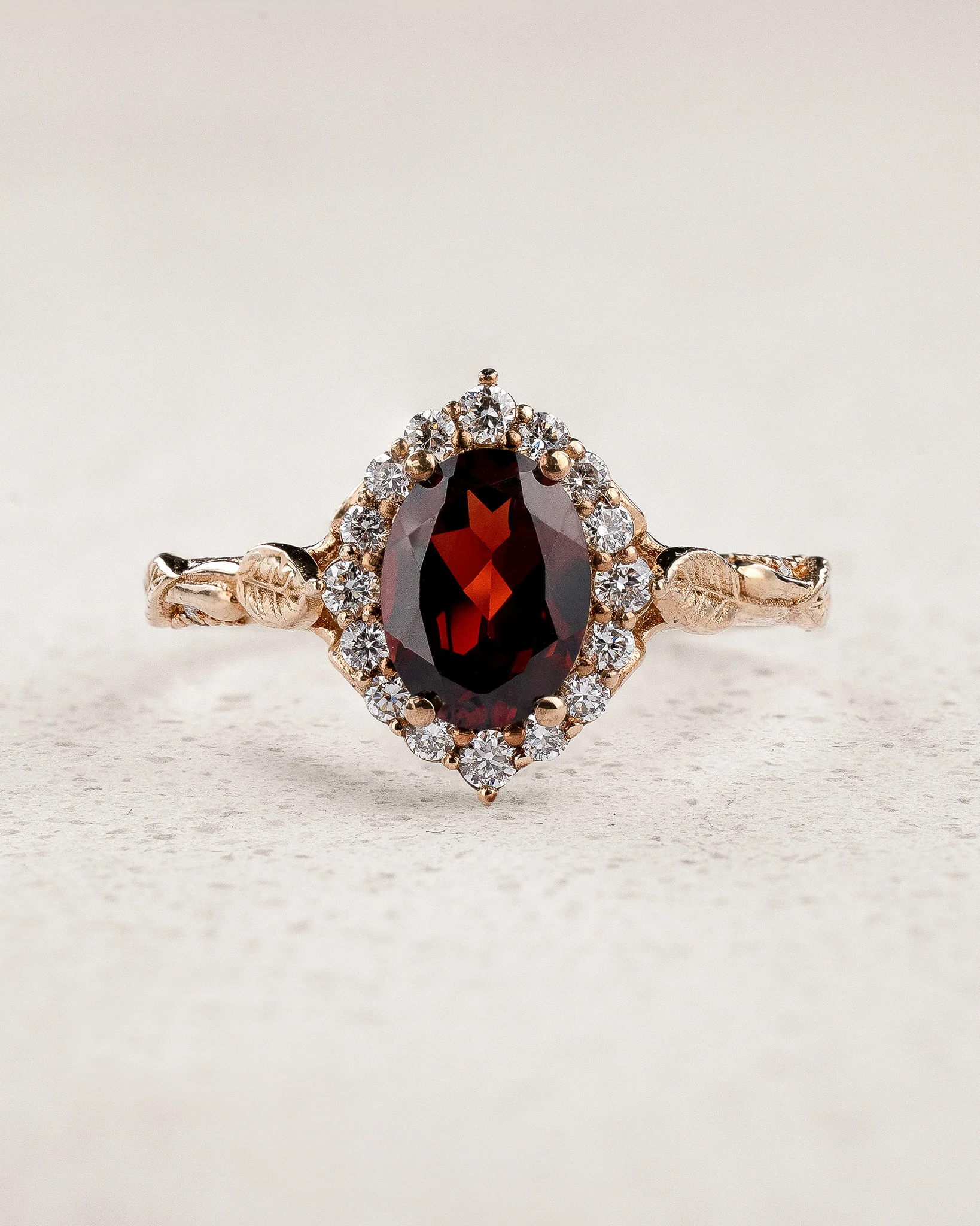 Timeless Engagement Ring with Oval Red Garnet and Diamond Halo / Florentina - Image 2
