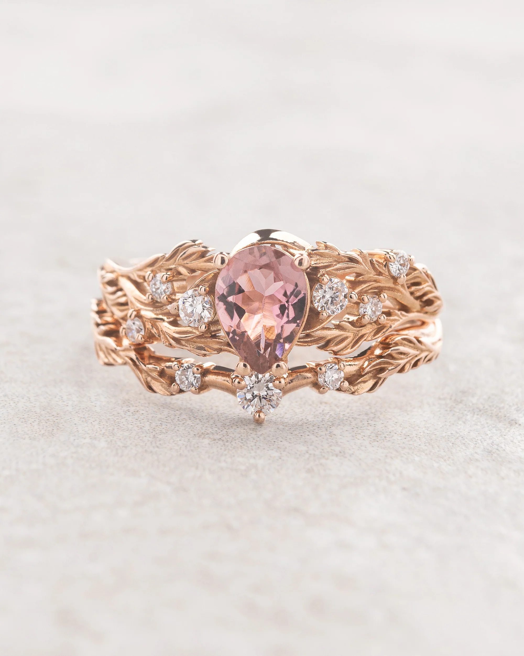 Unique bridal set with natural pink tourmaline and accent diamonds / Japanese Maple
