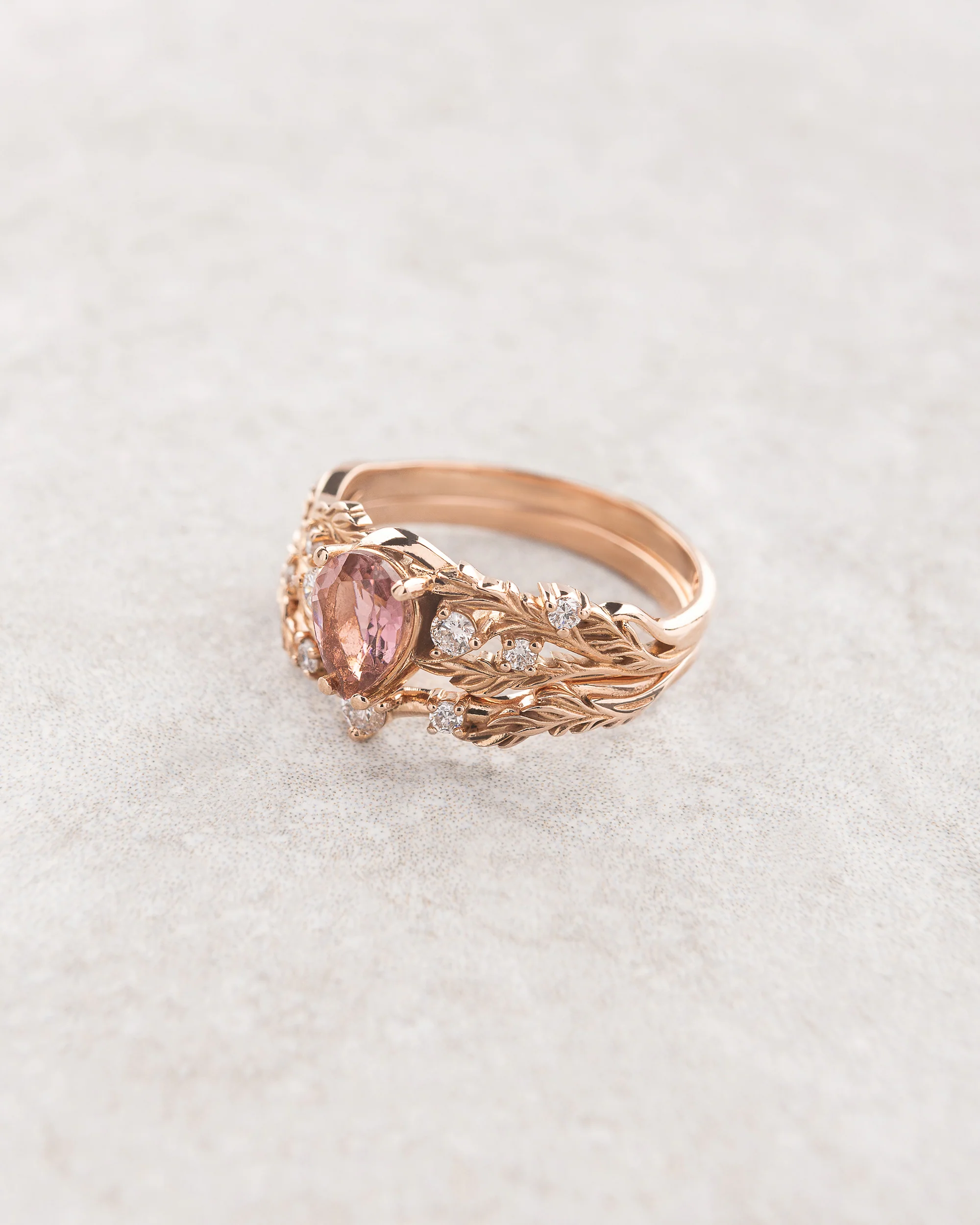 Unique bridal set with natural pink tourmaline and accent diamonds / Japanese Maple - Image 2