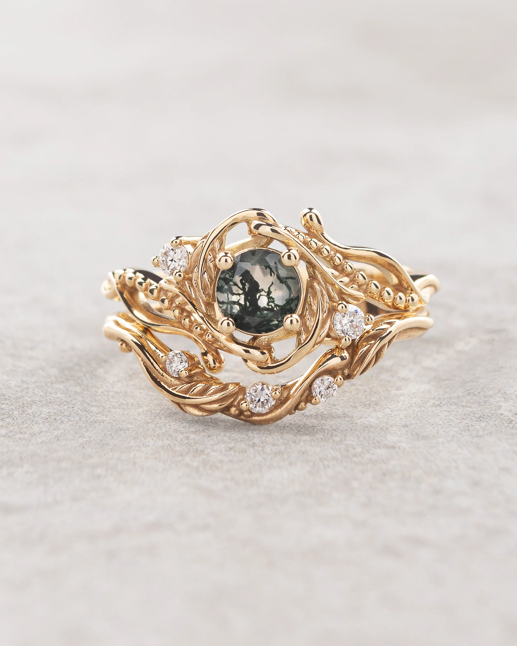Unique moss agate engagement ring with a stacking wedding band / Undina