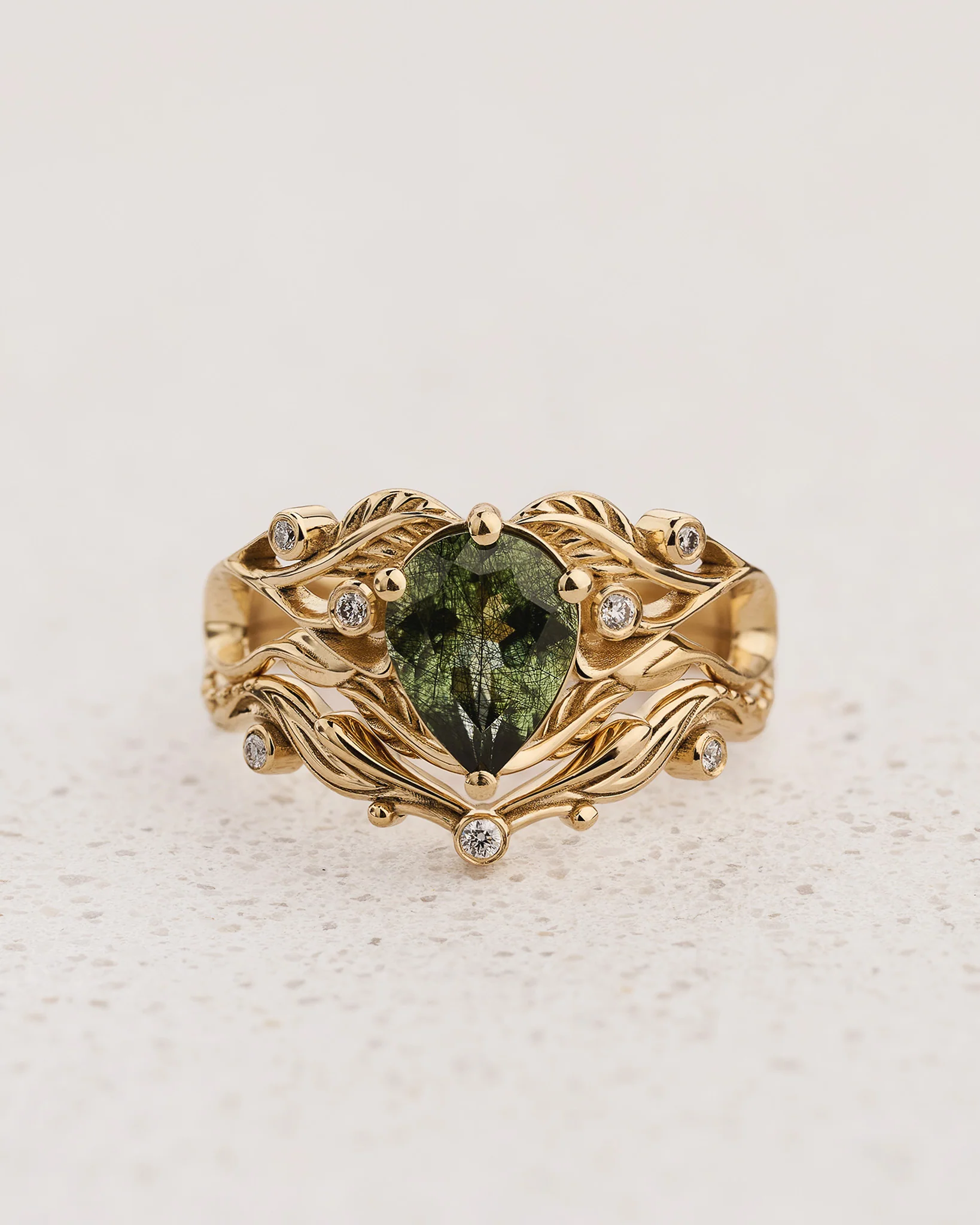 Unique rutile peridot bridal ring set, alternative promise ring with diamonds / Callisto