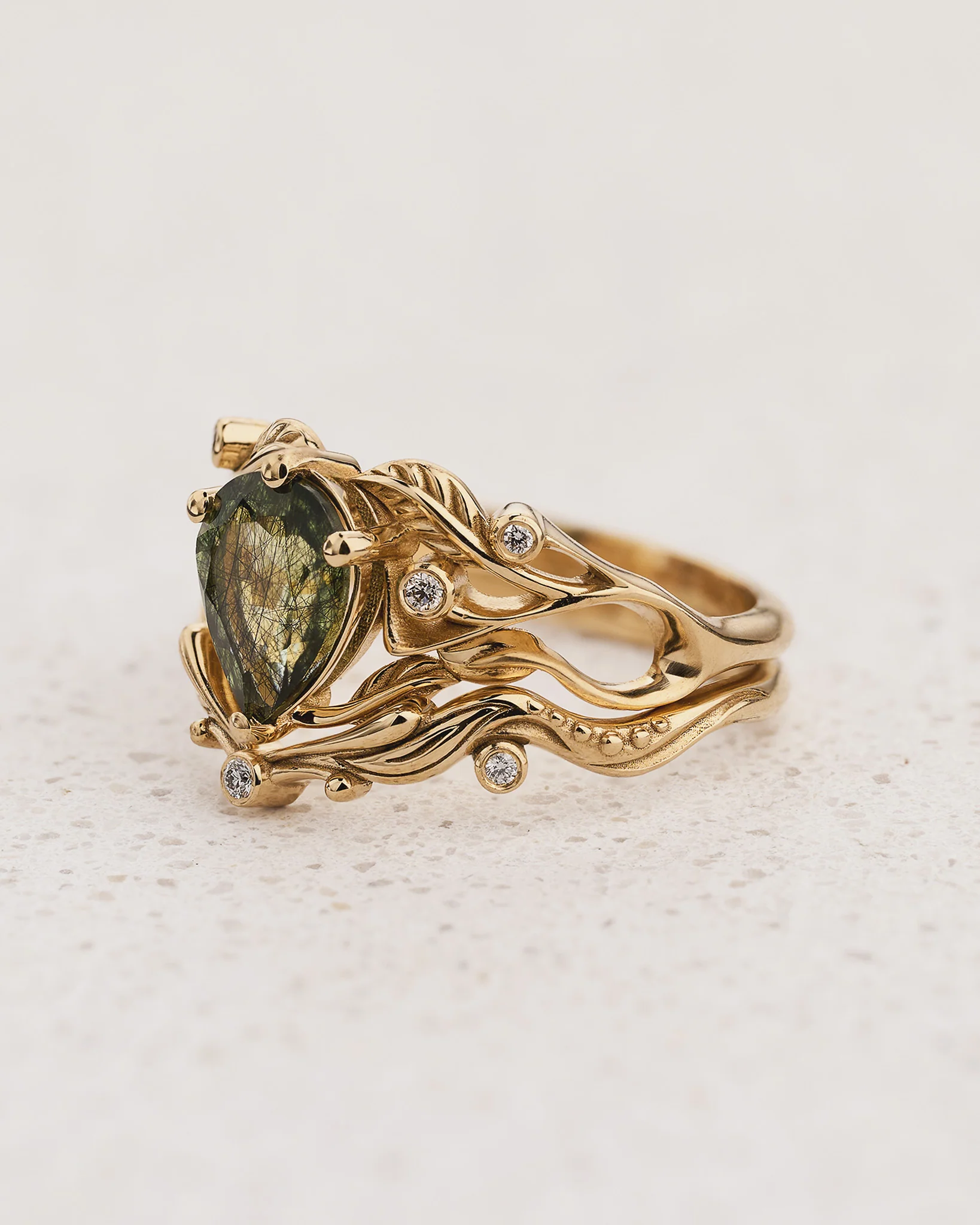 Unique rutile peridot bridal ring set, alternative promise ring with diamonds / Callisto - Image 2