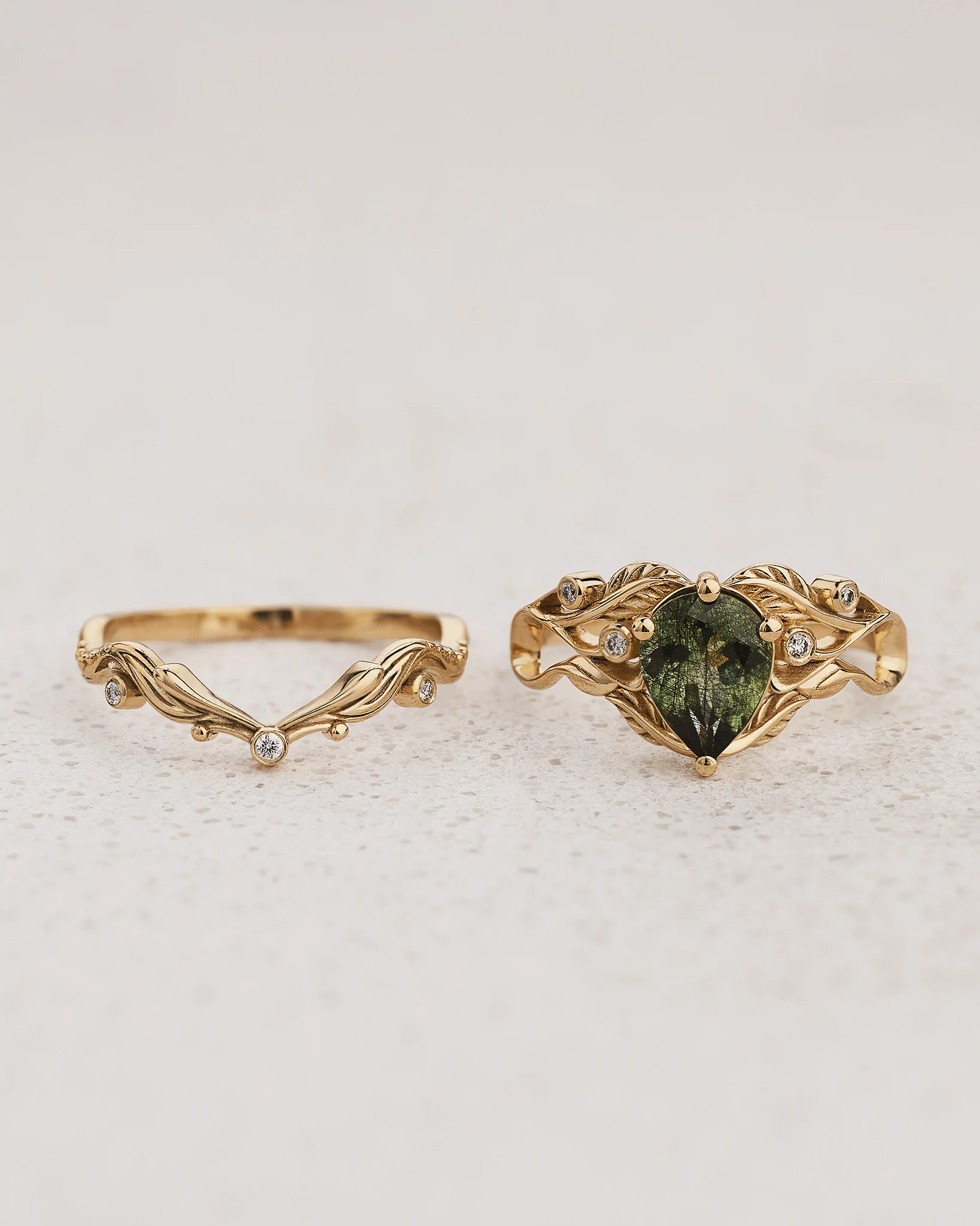 Unique rutile peridot bridal ring set, alternative promise ring with diamonds / Callisto - Image 3