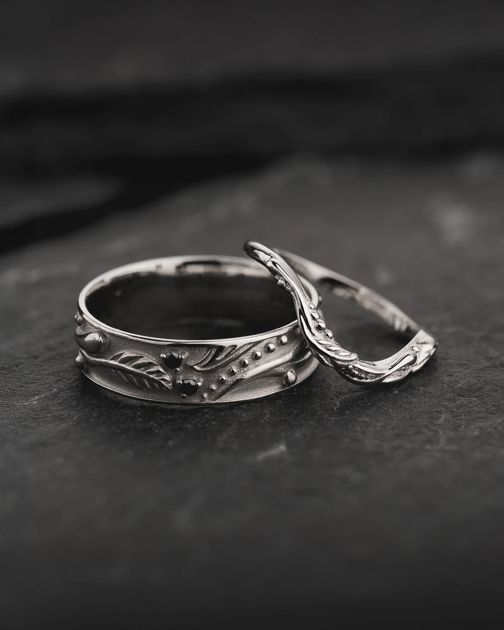 Wedding Bands Set of Callisto Band with Black Diamonds & Matching Ring for Undina