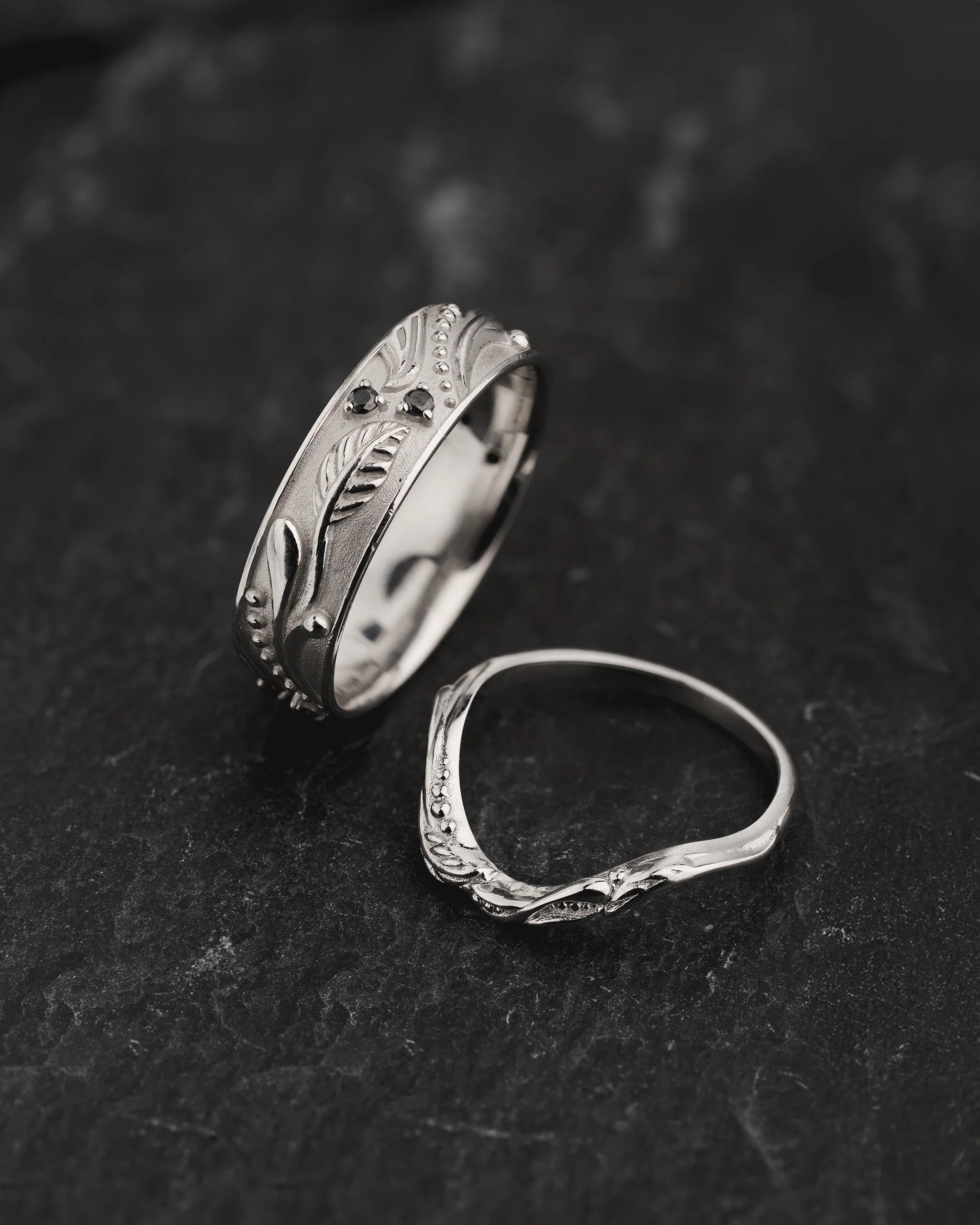 Wedding Bands Set of Callisto Band with Black Diamonds & Matching Ring for Undina - Image 2