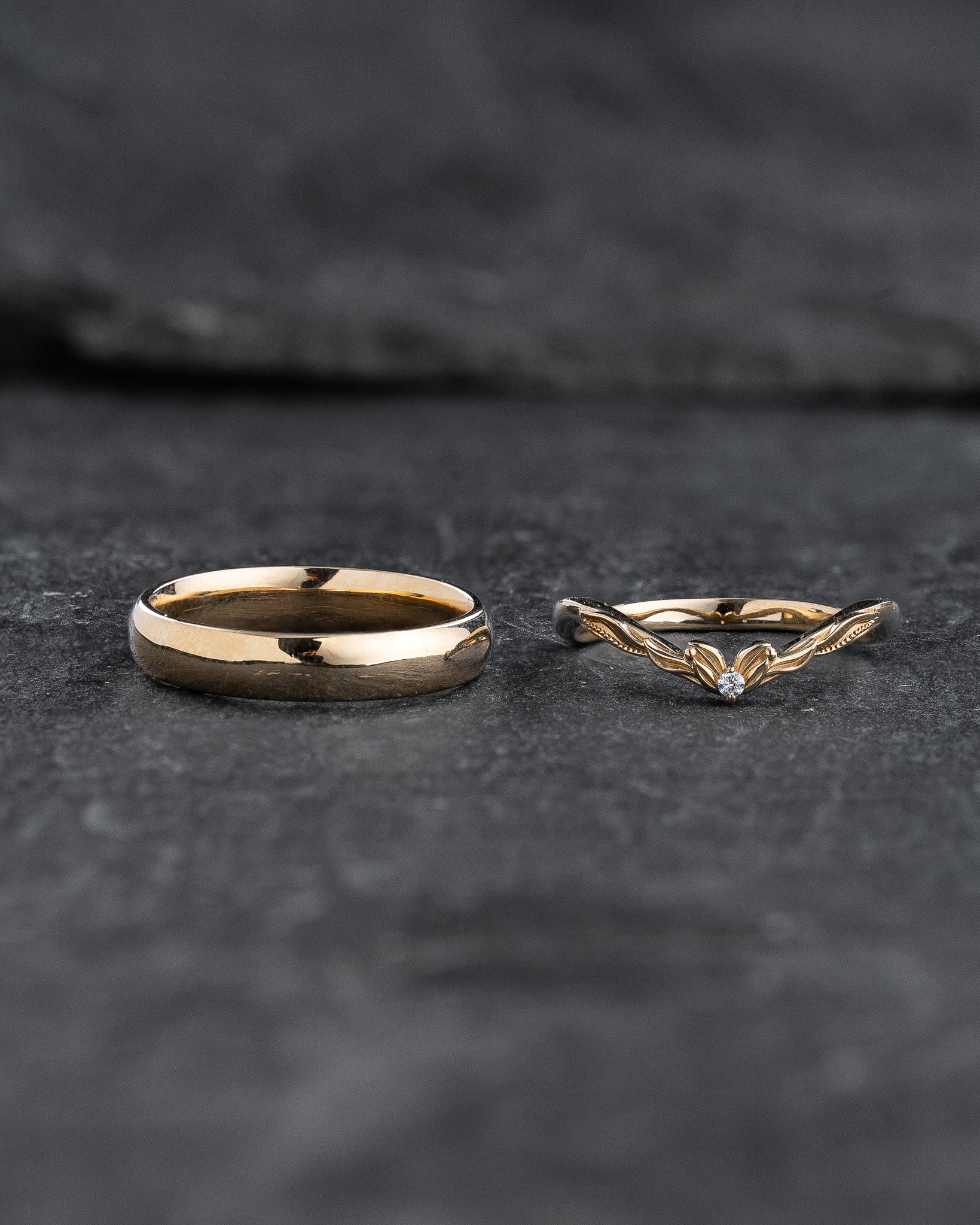 Wedding rings set for couples: classic band for him, curved band with diamond for her - Image 2